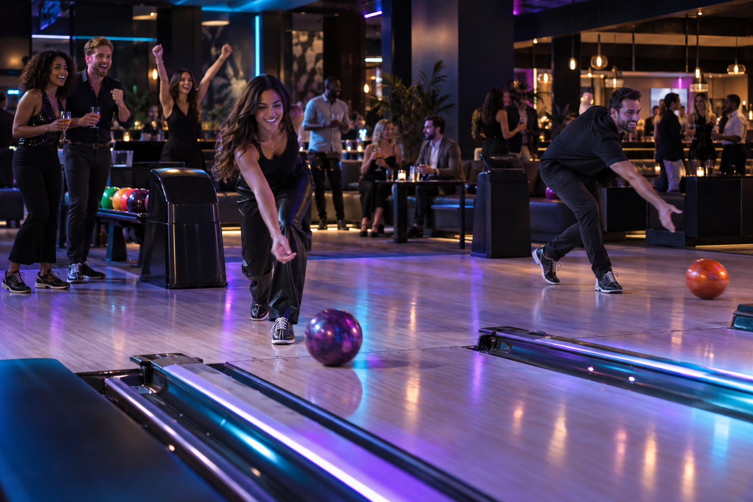 Cosmic Bowling Night mit Gästen und farbigem Licht